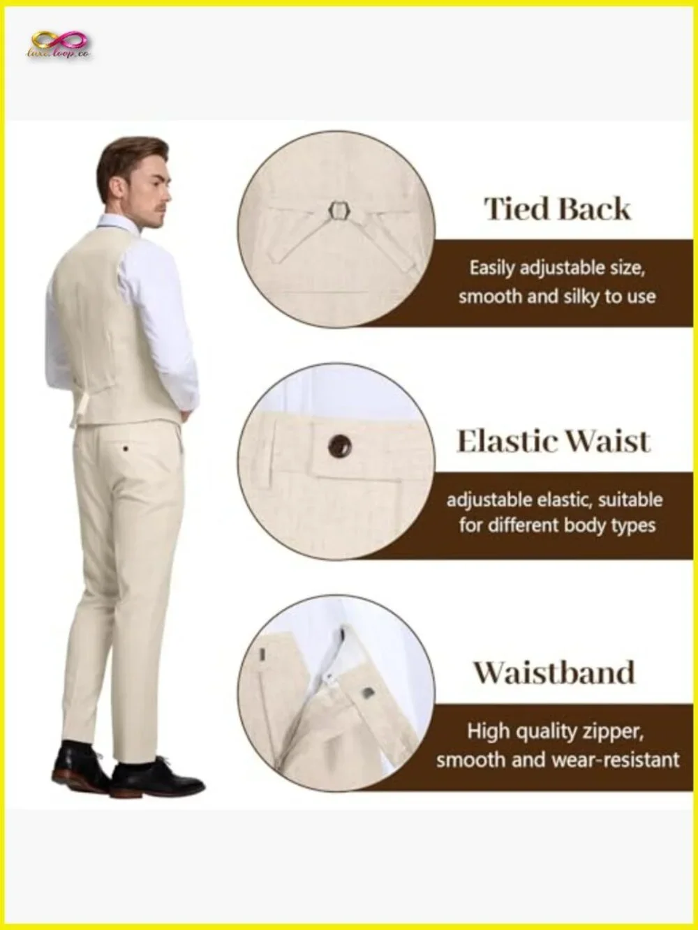 Retro Linen Suit Slim Fit 3-Piece Blazer Vest Pant Groom Wedding Tuxedo